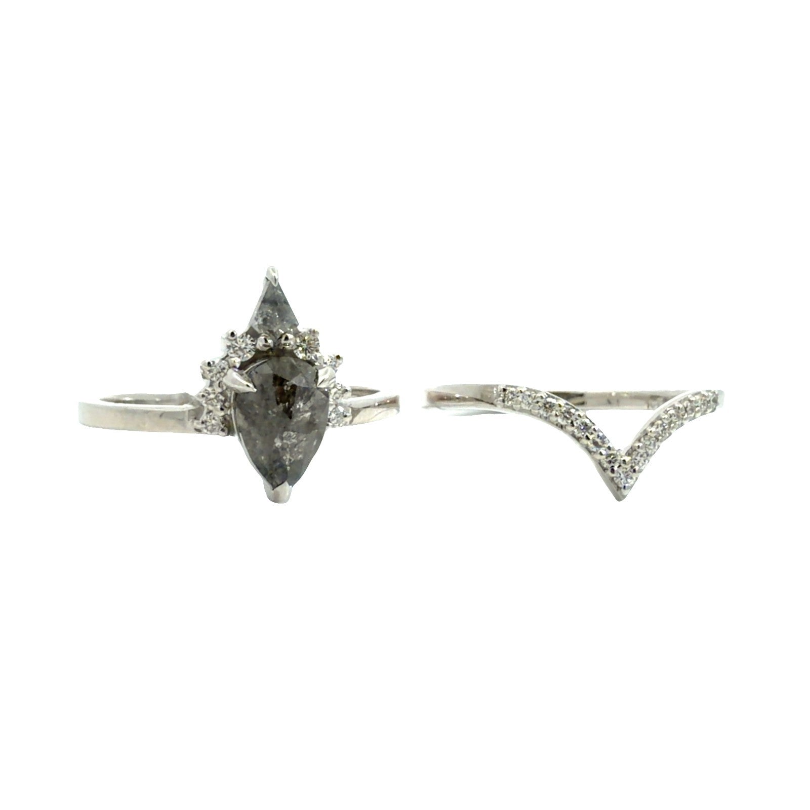 18k White Gold Salt & Pepper 0.82ctw(0.56ct) Pear Diamond Engagement Ring & Band1