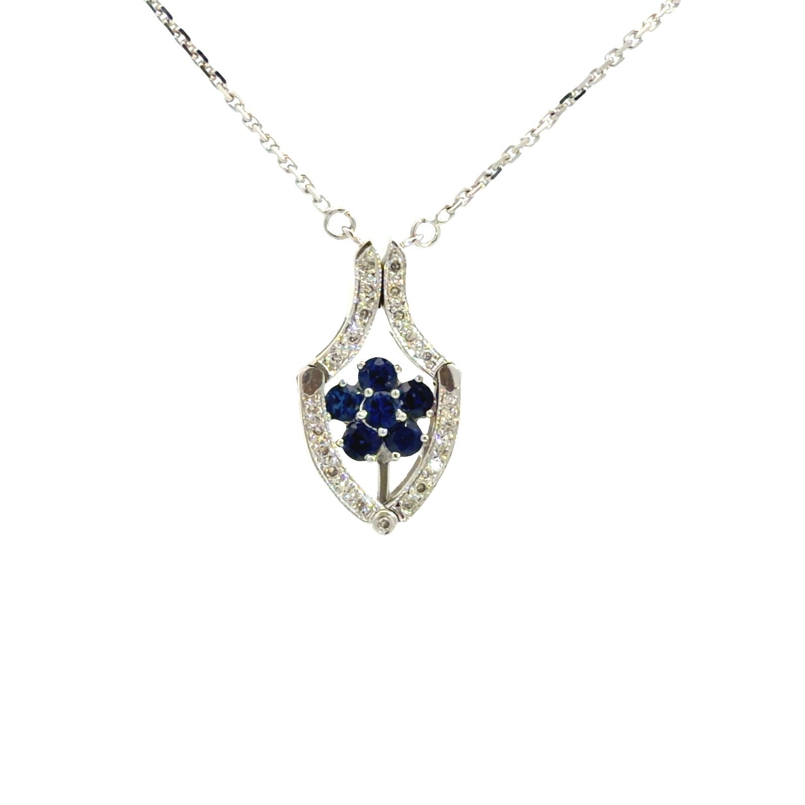 18k WG 0.16ctw Diamond & 0.83ctw Sapphire Floral Convertible Pendant Necklace0