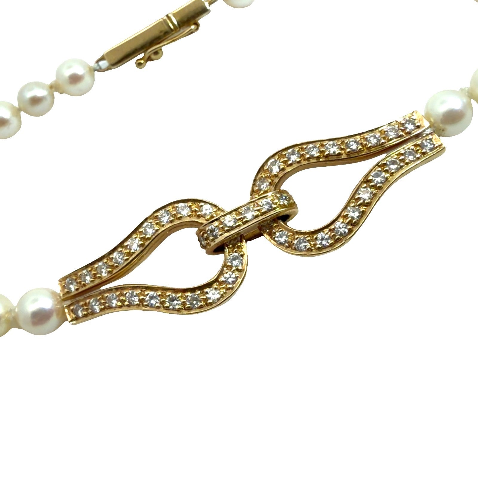 14k Yellow Gold 0.72ctw Diamond and Pearl Horseshoe Clasp Bracelet 7.5"2
