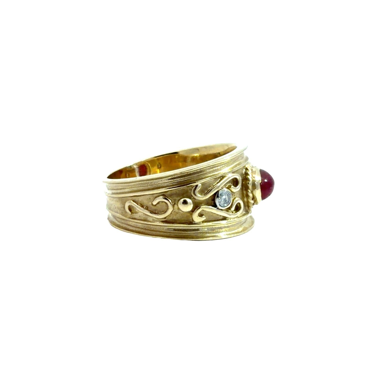 Vintage 14k Yellow Gold 0.25tcw Cabochon Ruby & 0.09cttw Diamond Scrollwork Band1