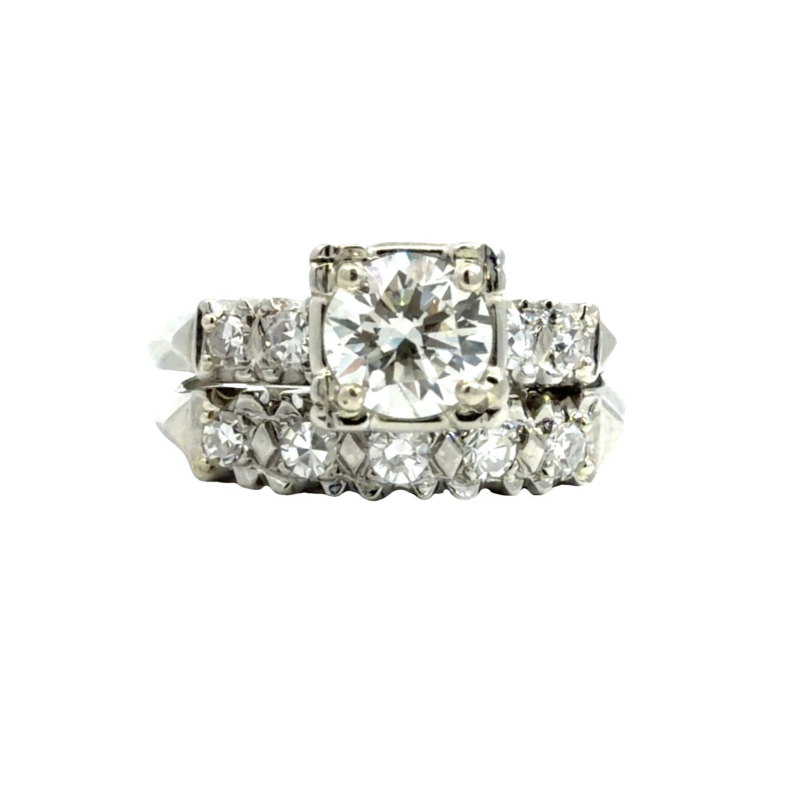 Vintage Stamped 14k White Gold 1.15ctw (0.72ctw) Diamond Wedding Sett Size 70