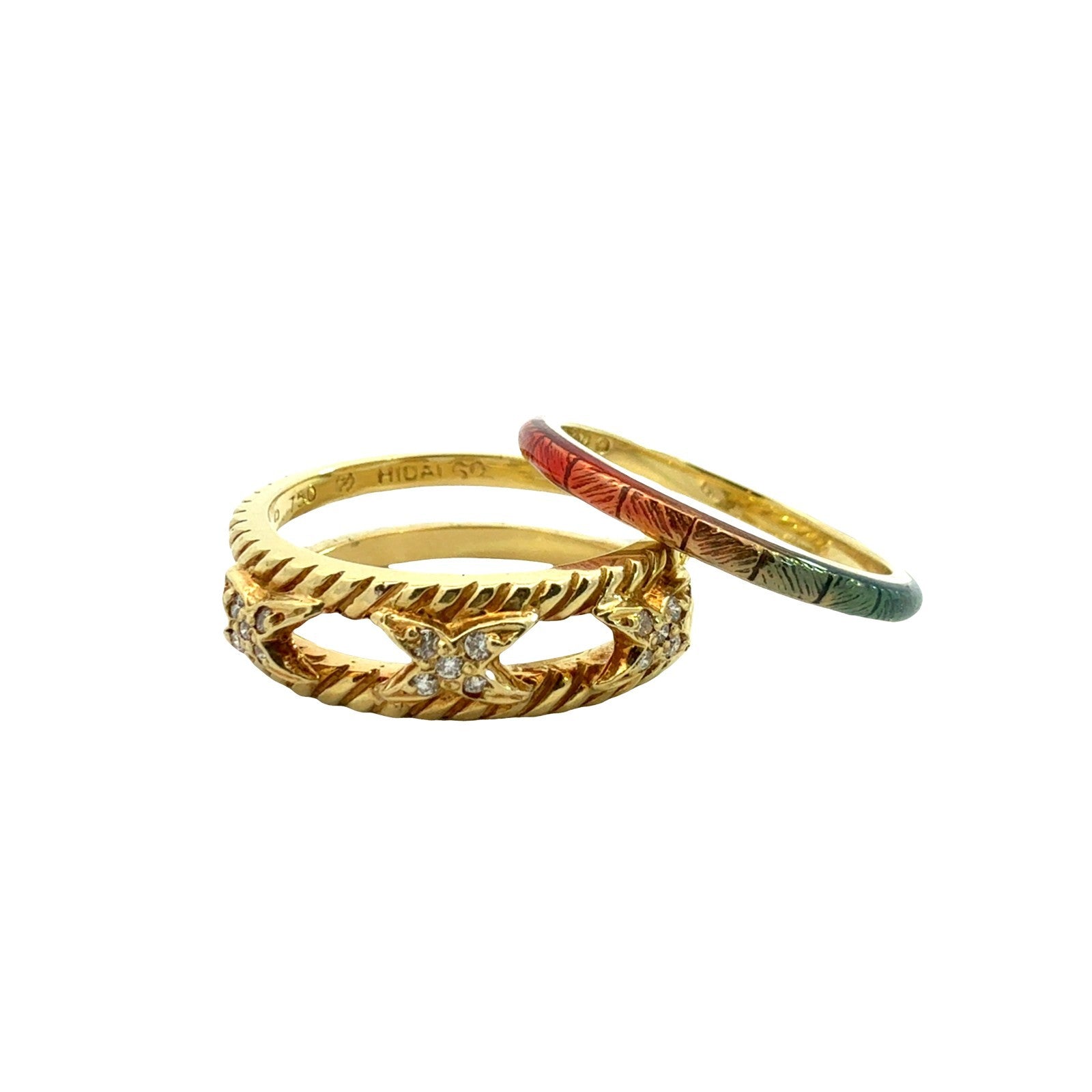 Vintage Hidalgo 18k Yellow Gold Rainbow Enamel and 0.08cttw Diamond Band Set1