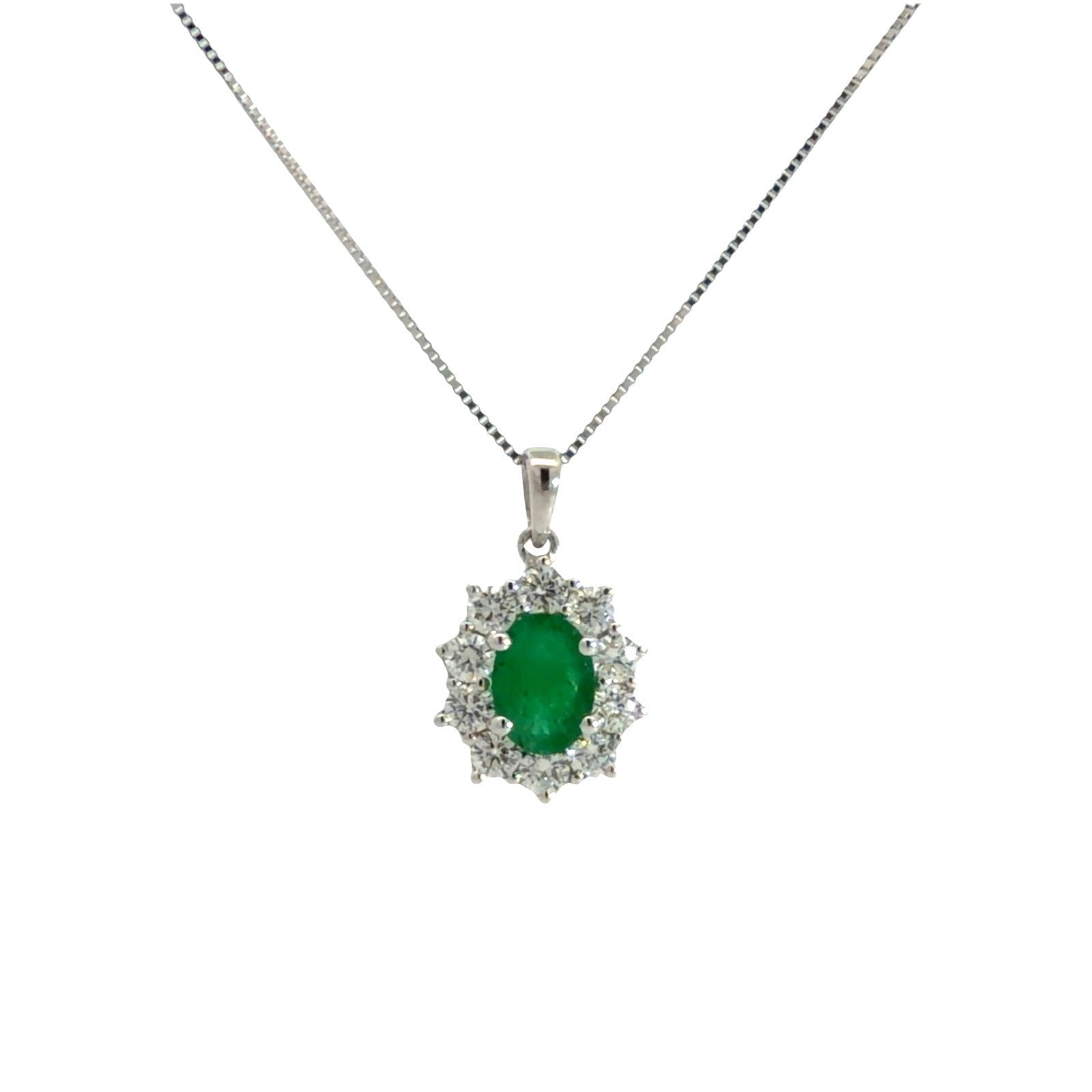 18k White Gold Oval 0.67tcw Emerald and 0.60cttw Diamond Halo Pendant Necklace0