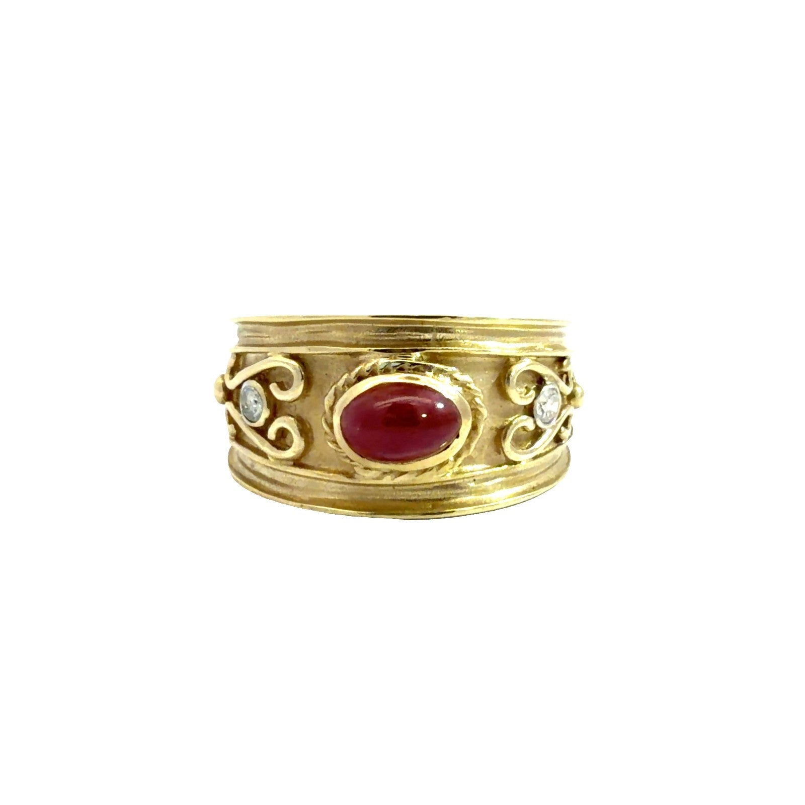 Vintage 14k Yellow Gold 0.25tcw Cabochon Ruby & 0.09cttw Diamond Scrollwork Band0