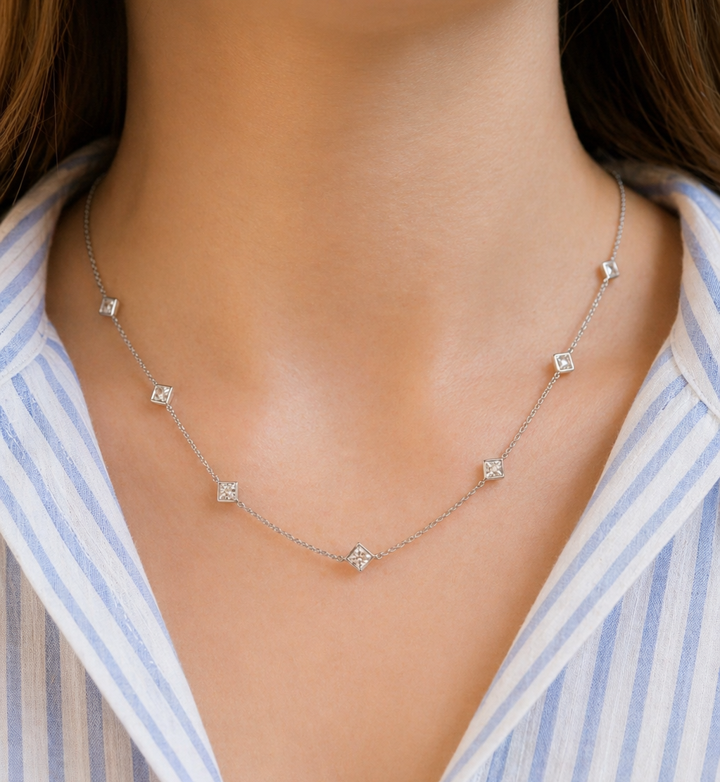 The Jewel Box 14k White Gold Graduated Square 3.41cttw Diamond Station Necklace