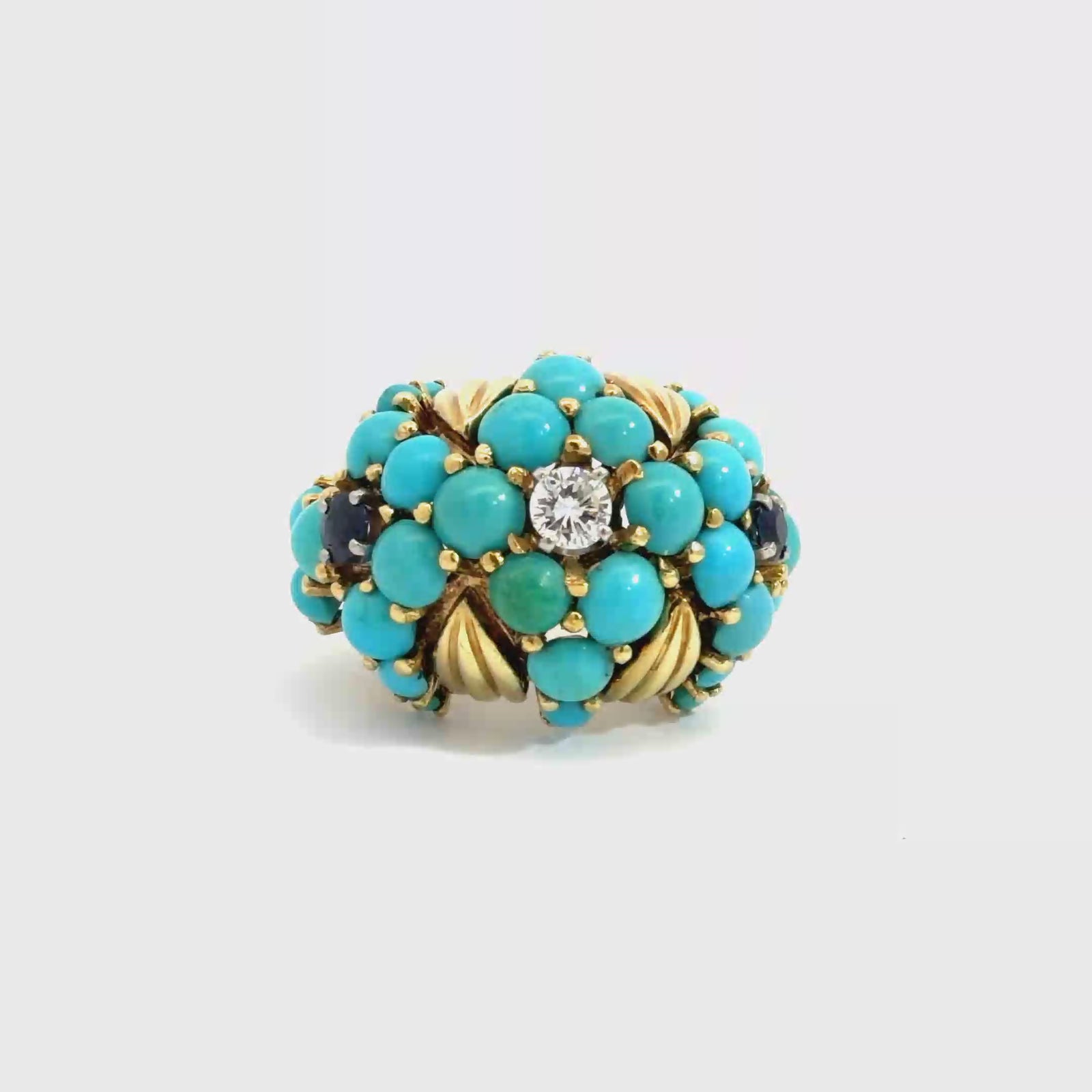 Vintage 18k Yellow Gold Turquoise Diamond and Sapphire Cluster Bombe Band Ring