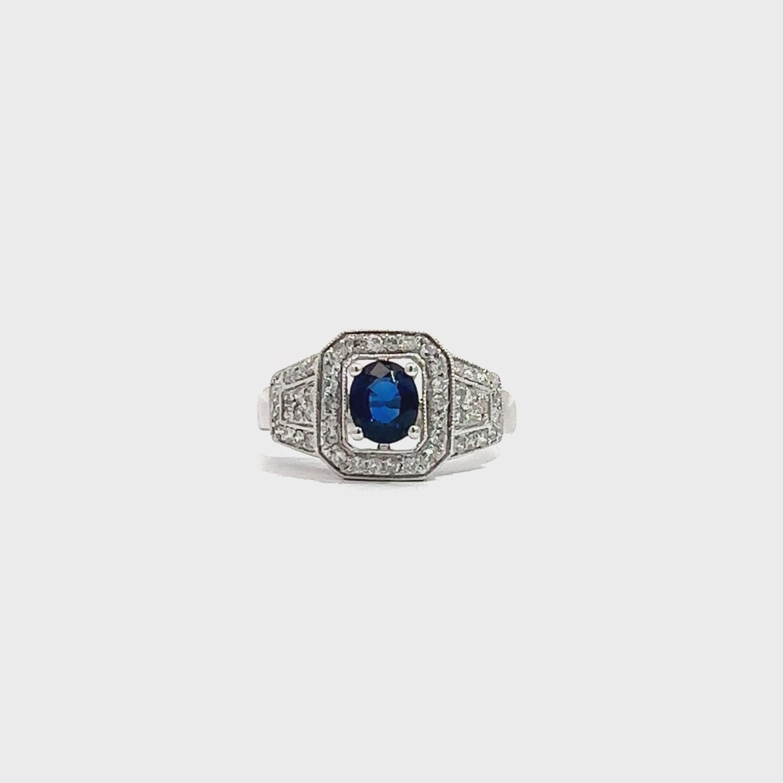 Vintage 18k White Gold Oval Cut Sapphire & Diamond Ring