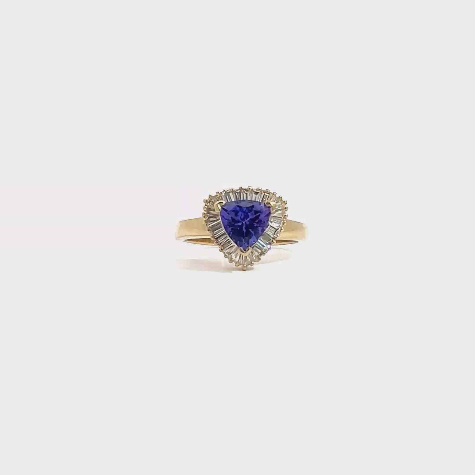 Estate 14k Yellow Gold 1.45ctw Trillion Cut Tanzanite 0.50ctw Baguette Diamond Halo Ring