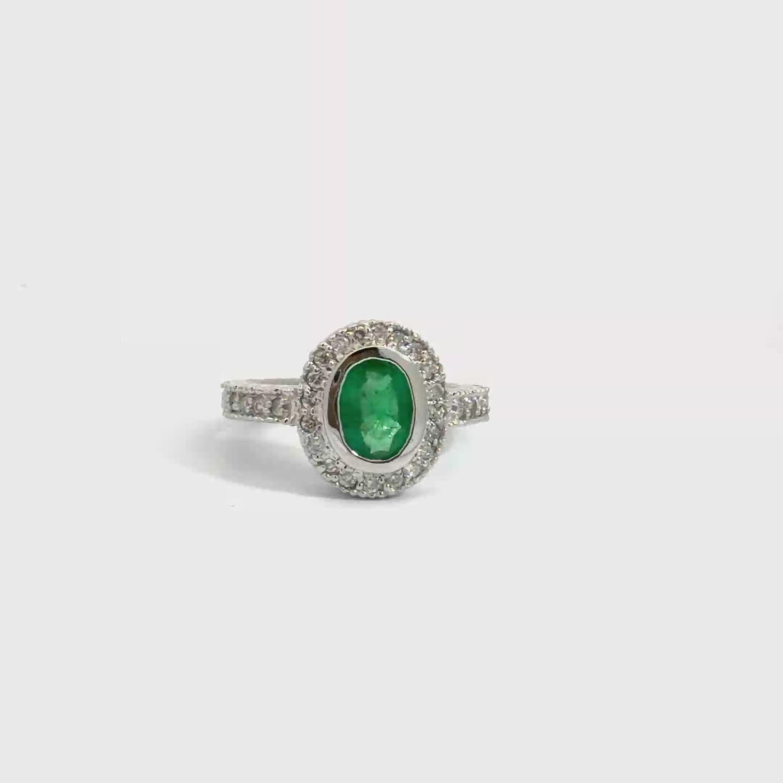 Estate 14k White Gold Oval Emerald and Diamond Ring