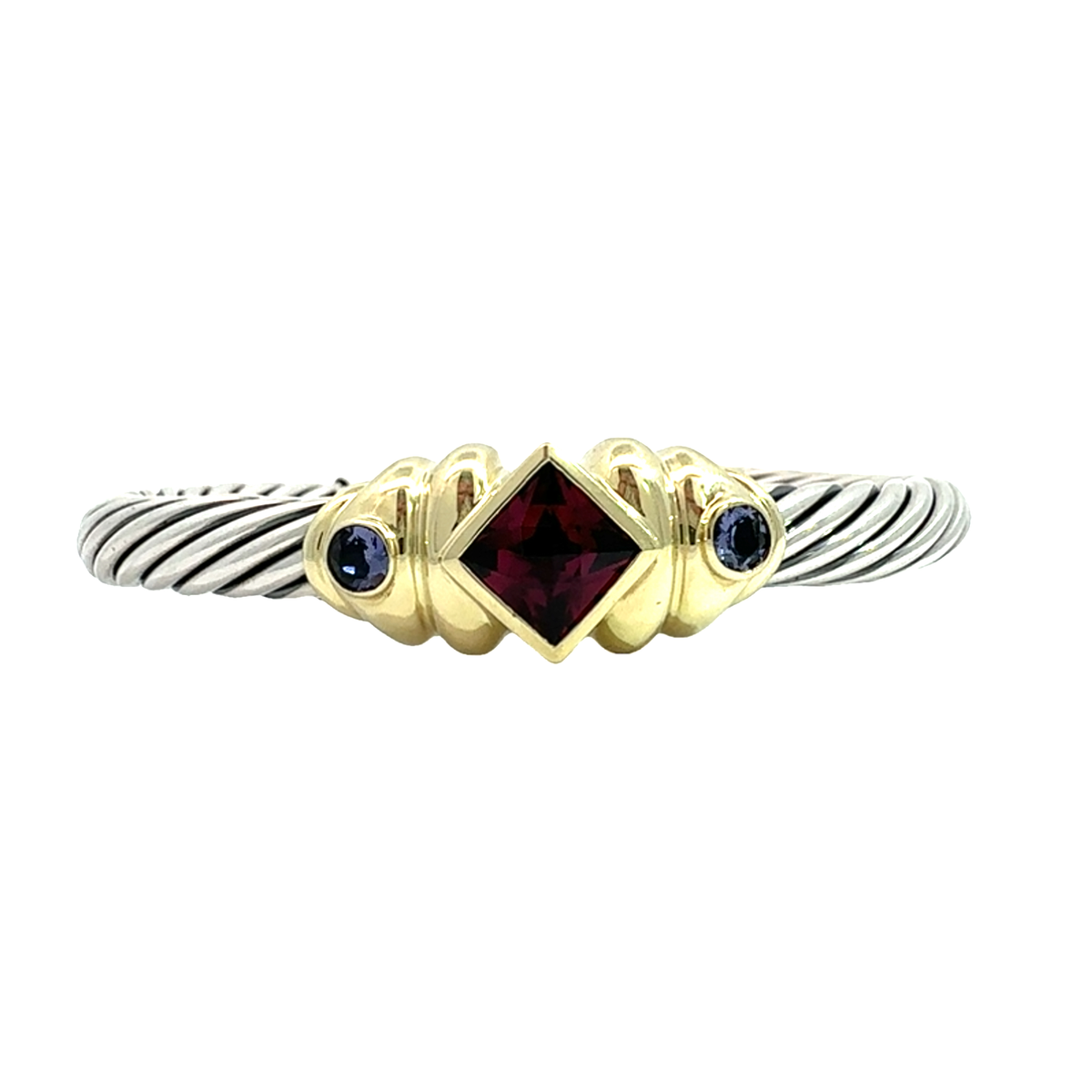 Vintage David Yurman Sterling Silver 14k Yellow Gold Rhodolite Garnet and Iolite Renaissance Cuff Cable Bracelet