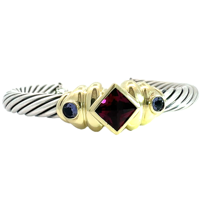 Vintage David Yurman Sterling Silver 14k Yellow Gold Rhodolite Garnet and Iolite Renaissance Cuff Cable Bracelet