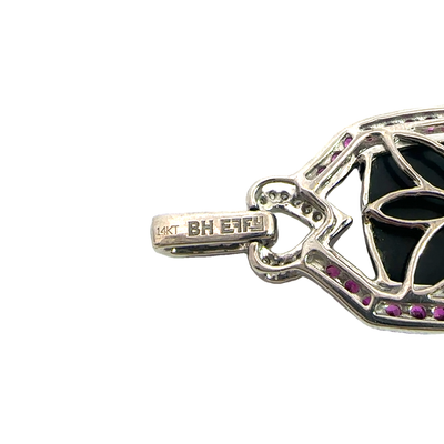 Estate Effy 14k White Gold Onyx Pink Sapphire and Diamond Pendant