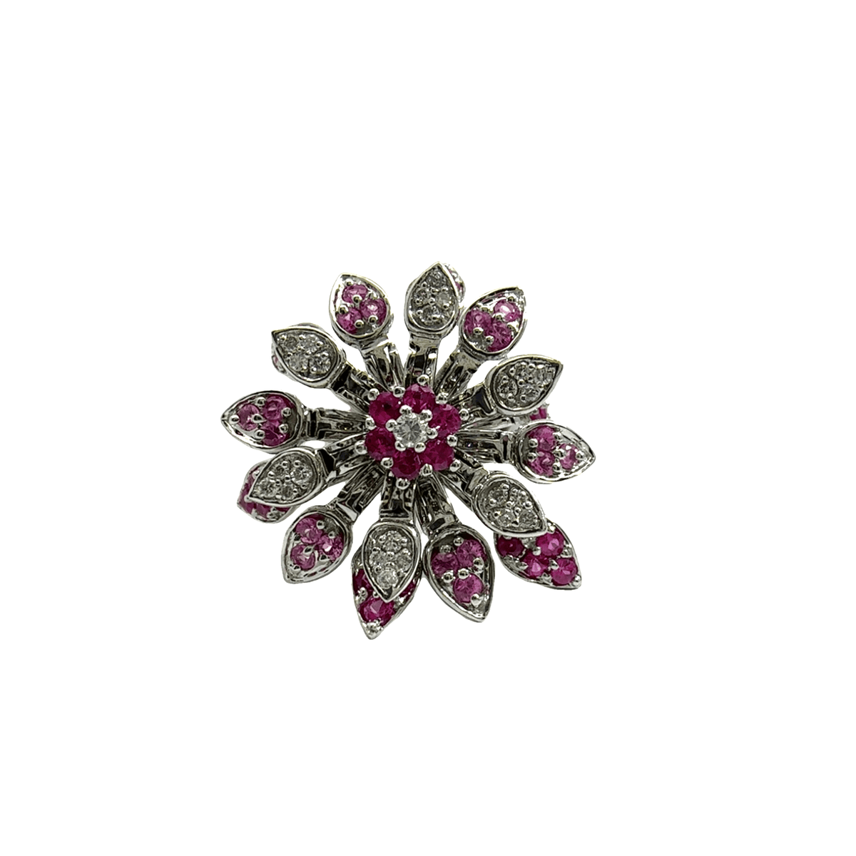 Estate Effy 18k White Gold Diamond &amp; Pink Sapphire Floral Spinner Ring