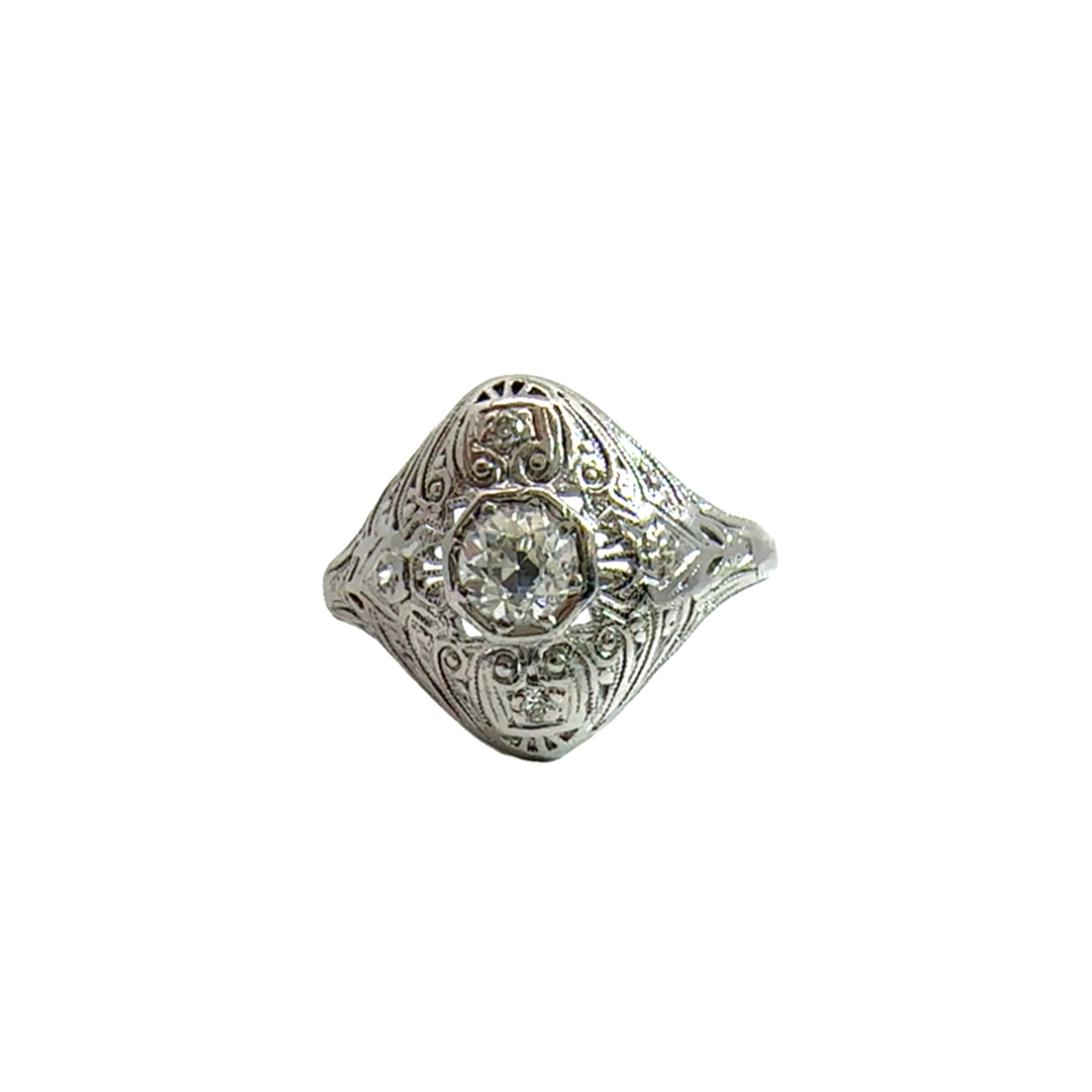 Vintage Art Deco 18k White Gold Diamond Shield Ring