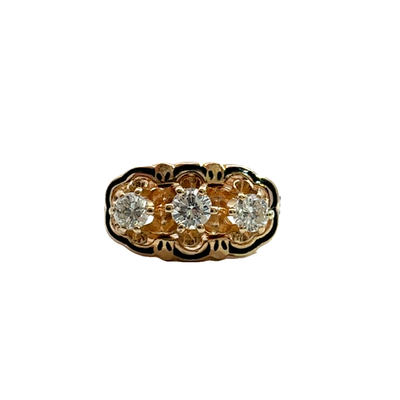 Vintage Black Enamel 14k Yellow Gold Three Stone Diamond Ring