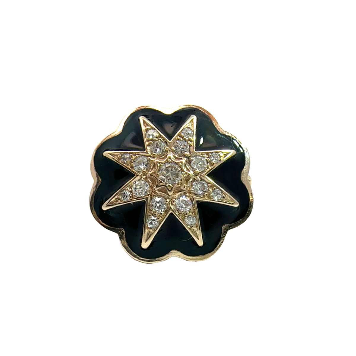 Vintage Black Enamel 14k Yellow Gold Starburst Diamond Ring