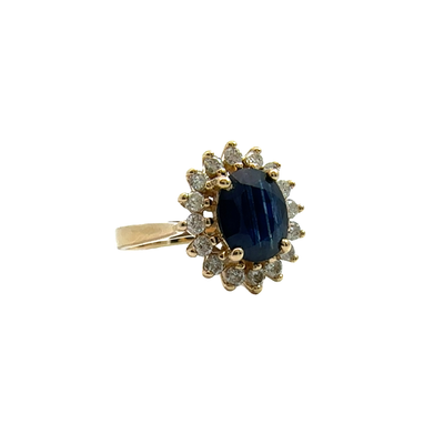 Vintage 14k Yellow Gold Sapphire and Diamond Halo Ring