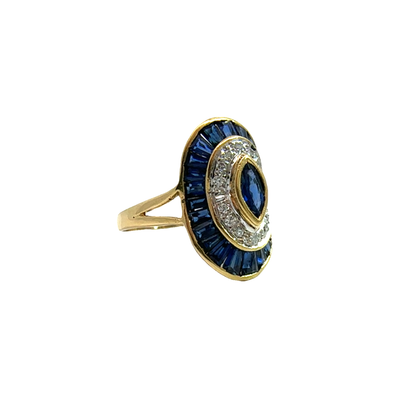 Vintage 18k Yellow Gold Sapphire and Diamond Shield Ring