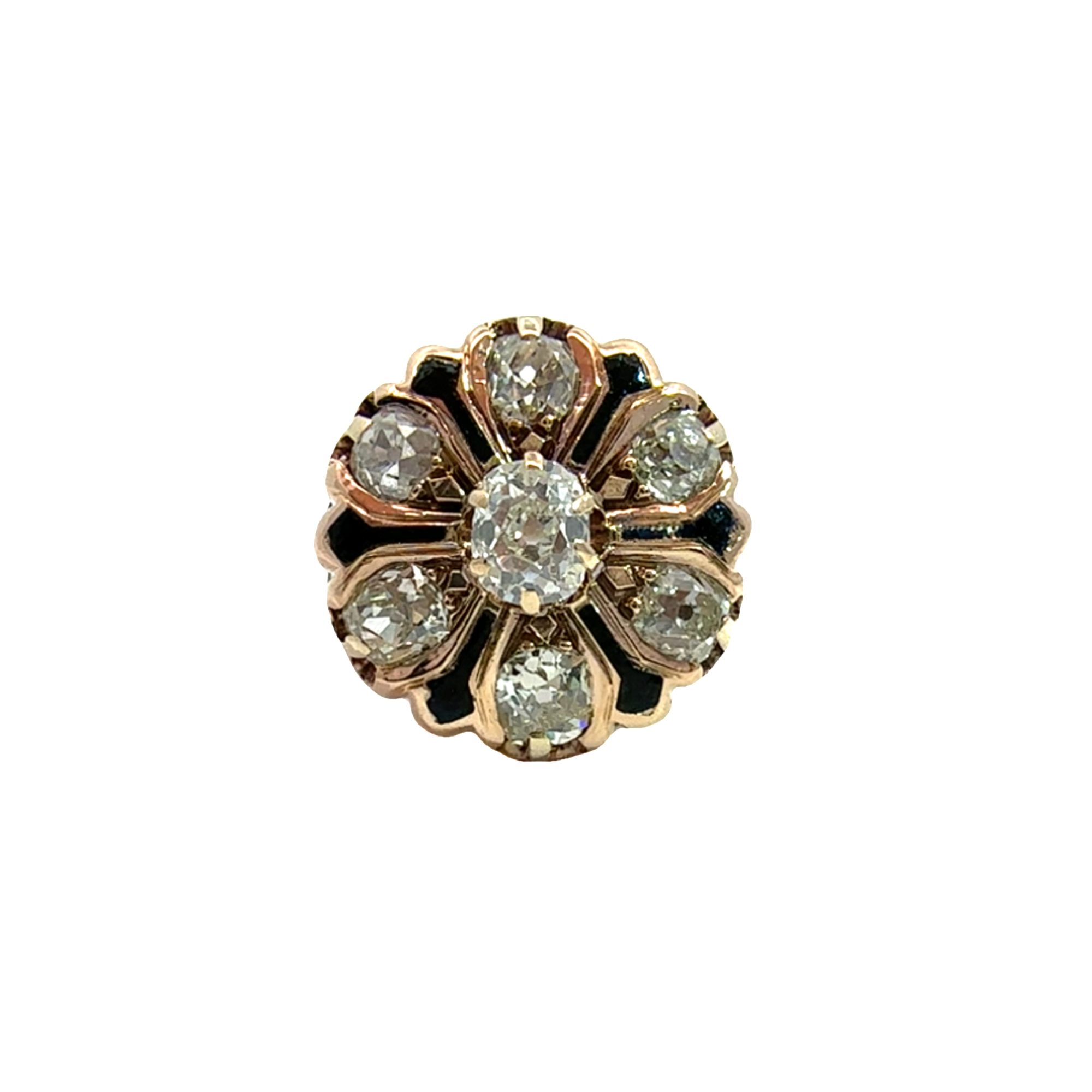 Vintage 14k Rose Gold Black Enamel Euro Cut Diamond Ring