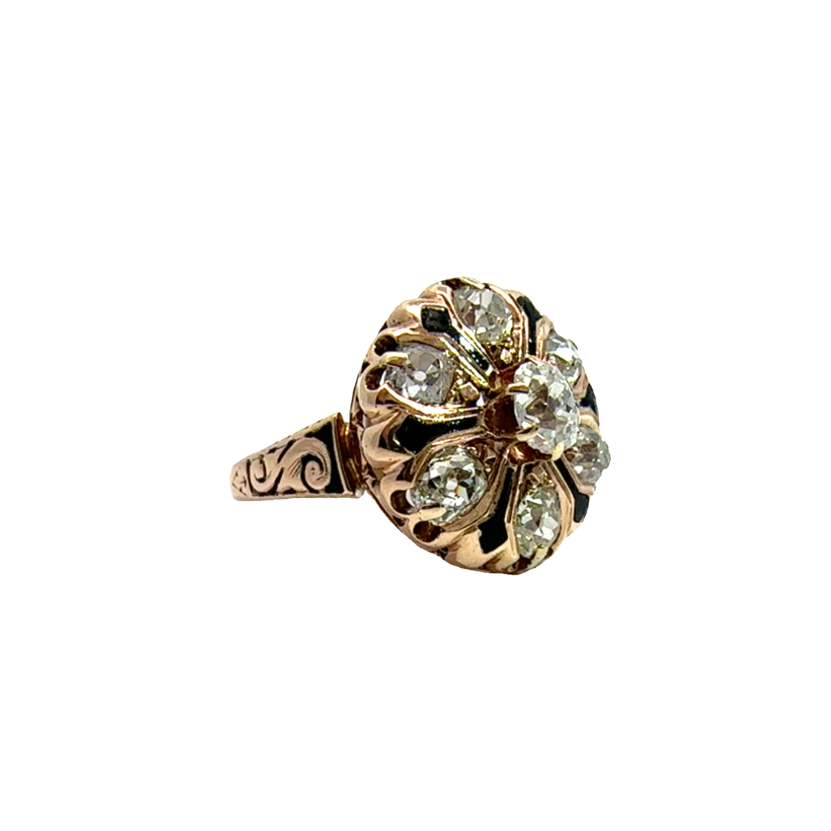 Vintage 14k Rose Gold Black Enamel Euro Cut Diamond Ring