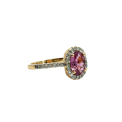 Estate 18k Yellow Gold Pink Sapphire and Diamond Halo Ring