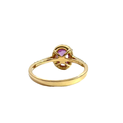 Estate 18k Yellow Gold Pink Sapphire and Diamond Halo Ring