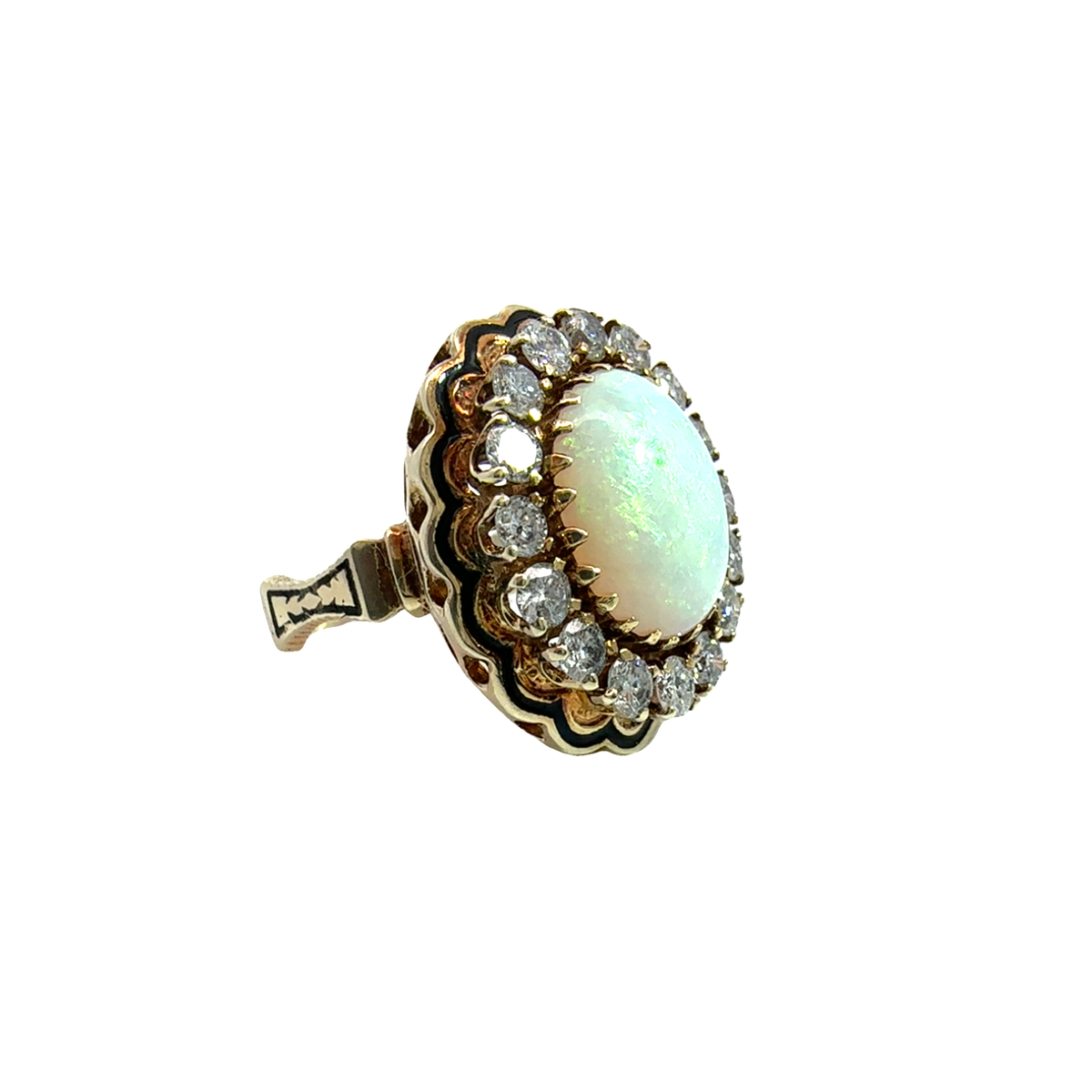 Vintage 14k Yellow Gold Black Enamel Opal and Diamond Ring