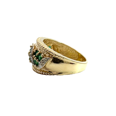 Estate 14k Yellow Gold Emerald and Diamond Band Ring