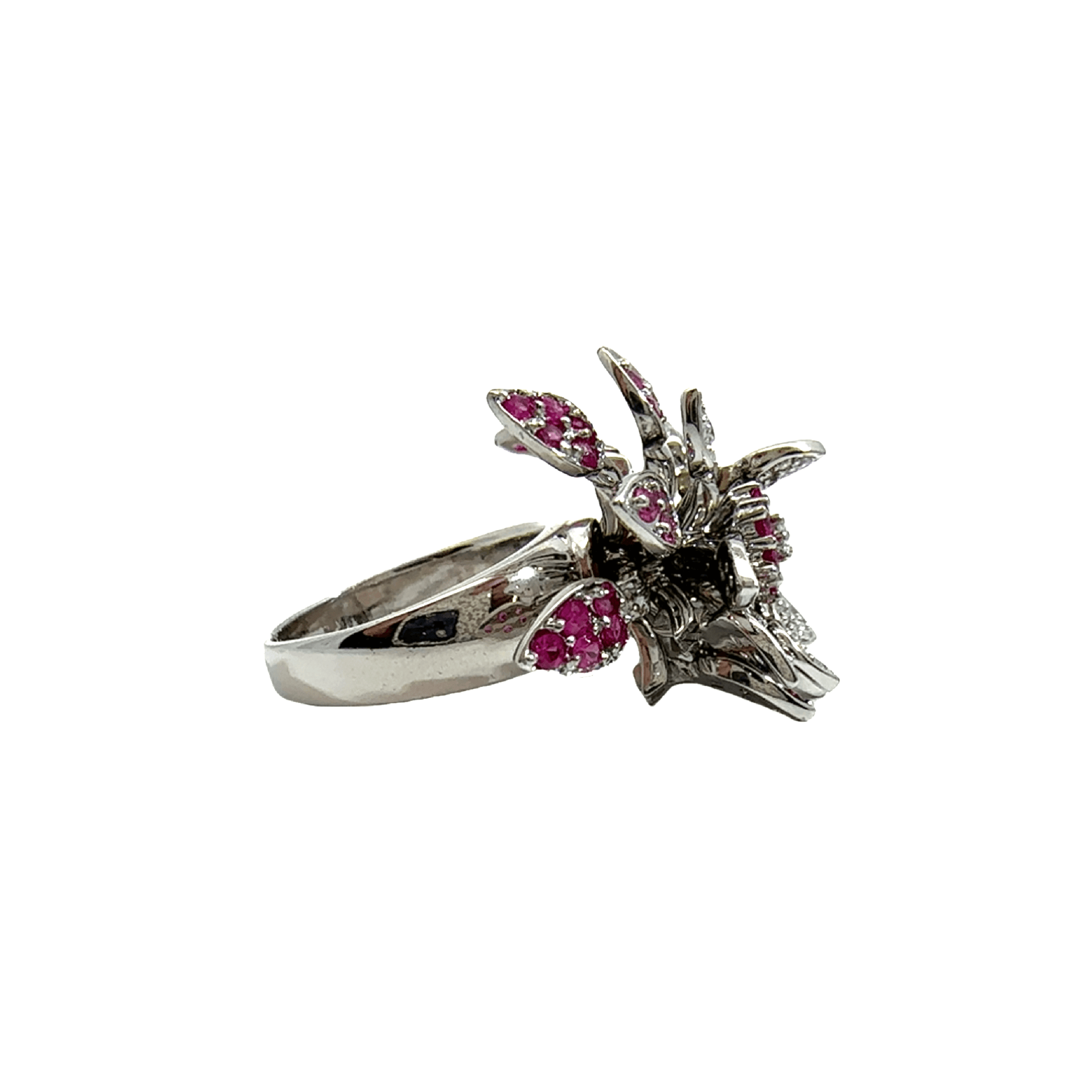 Estate Effy 18k White Gold Diamond & Pink Sapphire Floral Spinner Ring