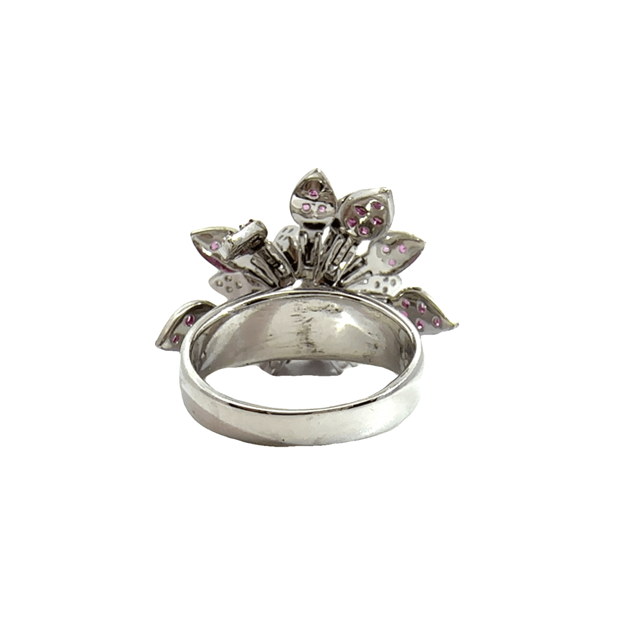 Estate Effy 18k White Gold Diamond & Pink Sapphire Floral Spinner Ring