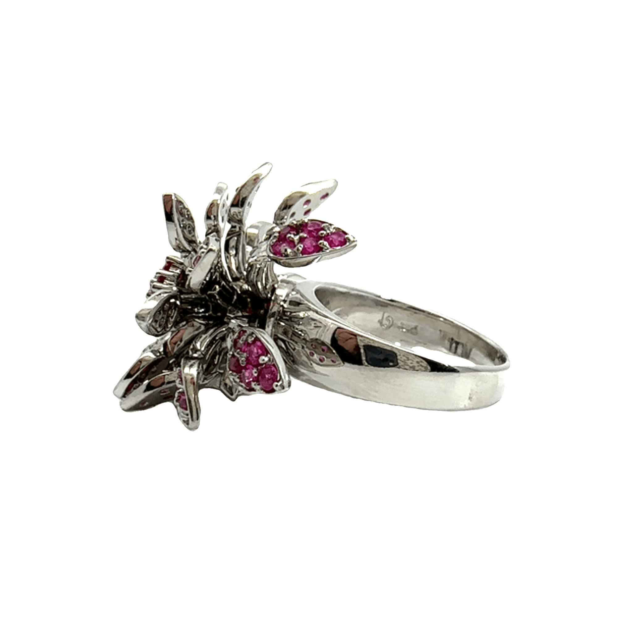 Estate Effy 18k White Gold Diamond & Pink Sapphire Floral Spinner Ring