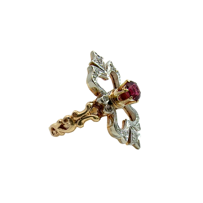 Vintage 14k Two-Tone Gold Ruby and Diamond Shield Ring