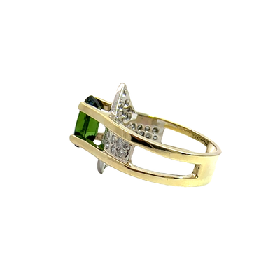 Estate 14k Yellow Gold Green Tourmaline and Diamond Ring