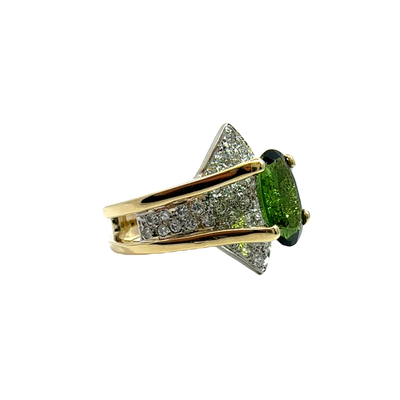 Estate 14k Yellow Gold Green Tourmaline and Diamond Ring