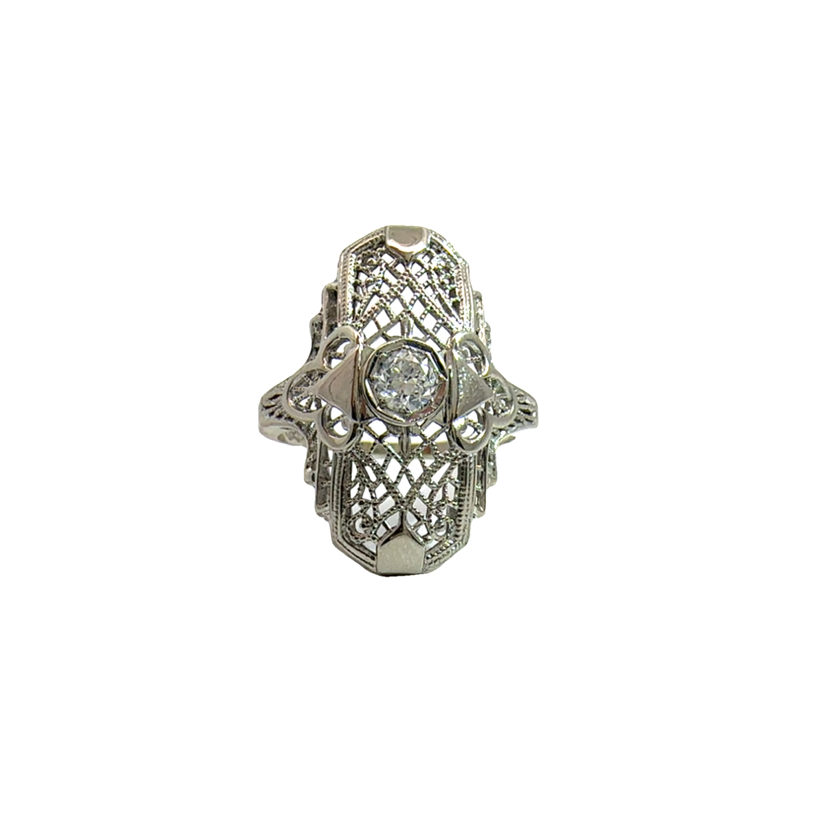 Vintage 14k White Gold Diamond Filigree Shield Ring