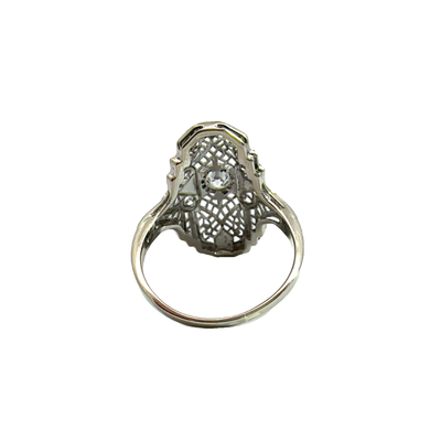 Vintage 14k White Gold Diamond Filigree Shield Ring