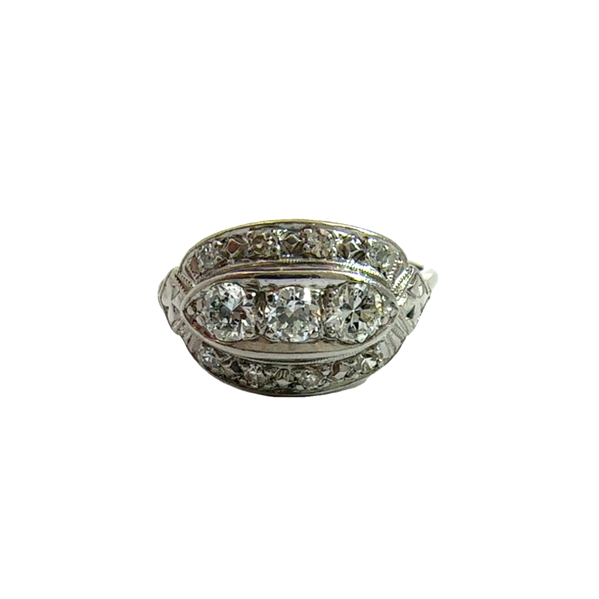 Vintage Art Deco 18k White Gold Three Stone Diamond Ring