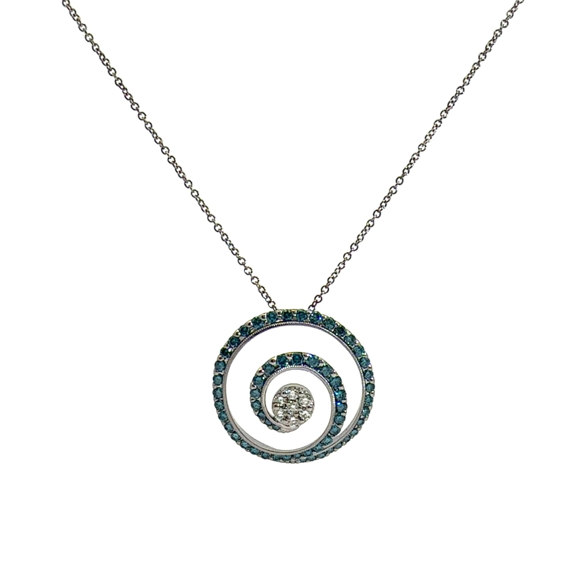 Estate Effy Bella Bleu 14k White Gold Blue and White Diamond Spiral Pendant Necklace 18"