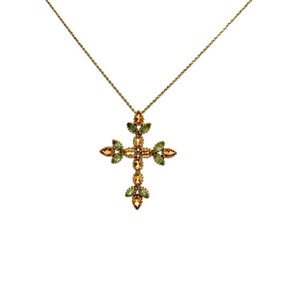 Estate 14k Yellow Gold, Citrine and Peridot Cross Pendant Necklace