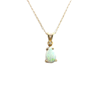 Estate 14k Yellow Gold Opal and Diamond Pendant Necklace 21"