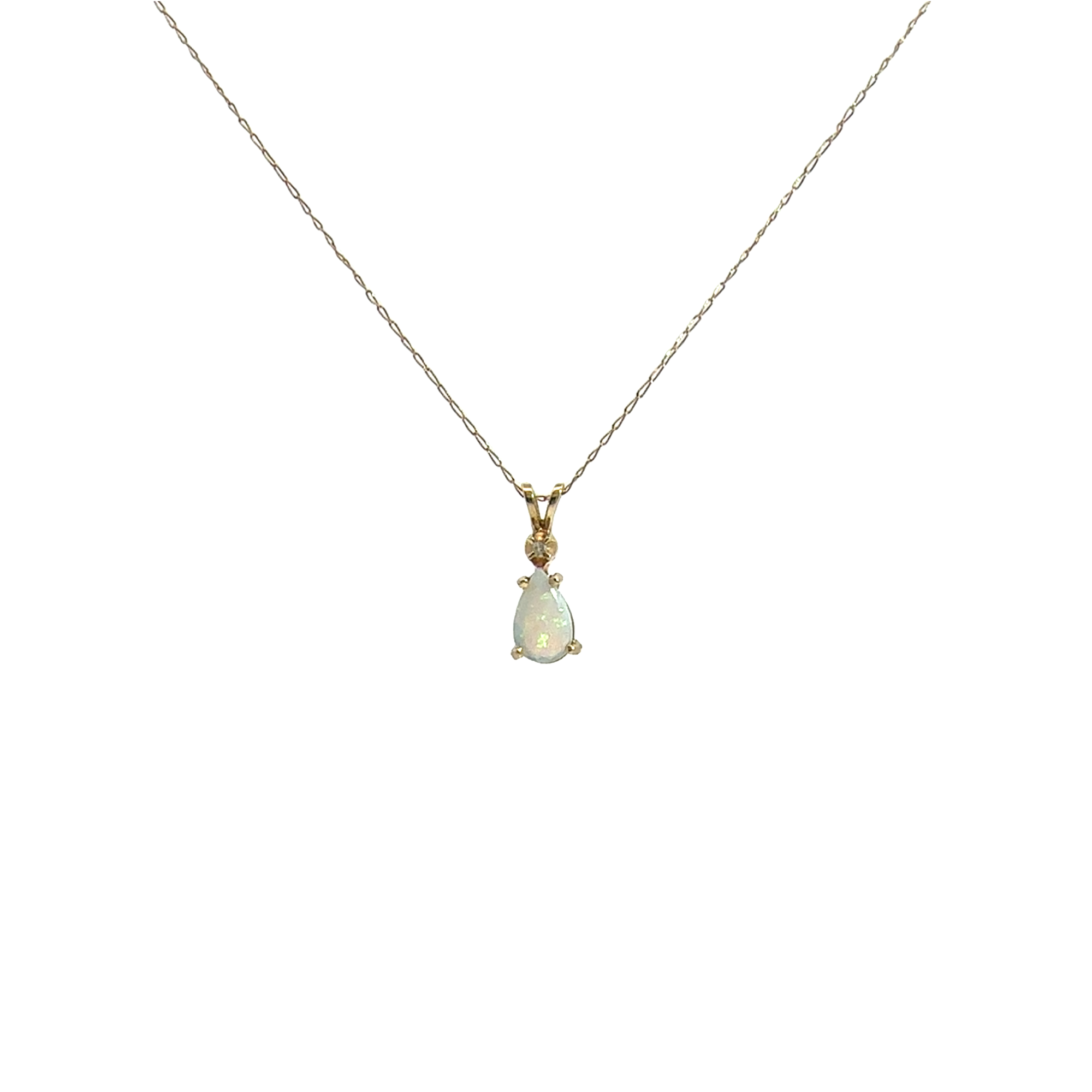 Estate 14k Yellow Gold Opal and Diamond Pendant Necklace 21"