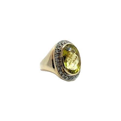 Estate Men's Lemon Quartz and Diamond 14k Yellow Gold Ring