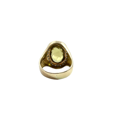 Estate Men's Lemon Quartz and Diamond 14k Yellow Gold Ring