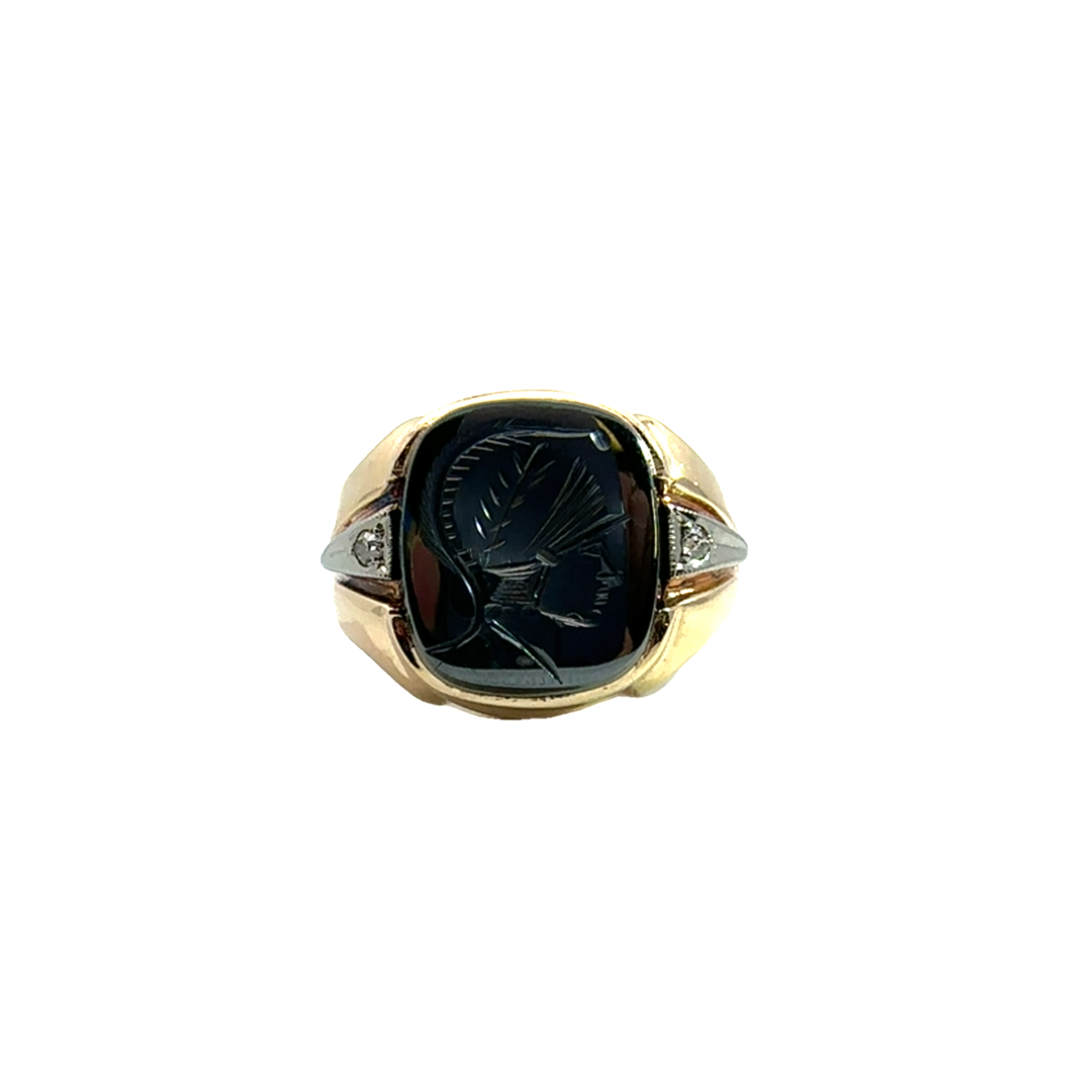 Estate Carved Hematite and Diamond 10k Gold Ring