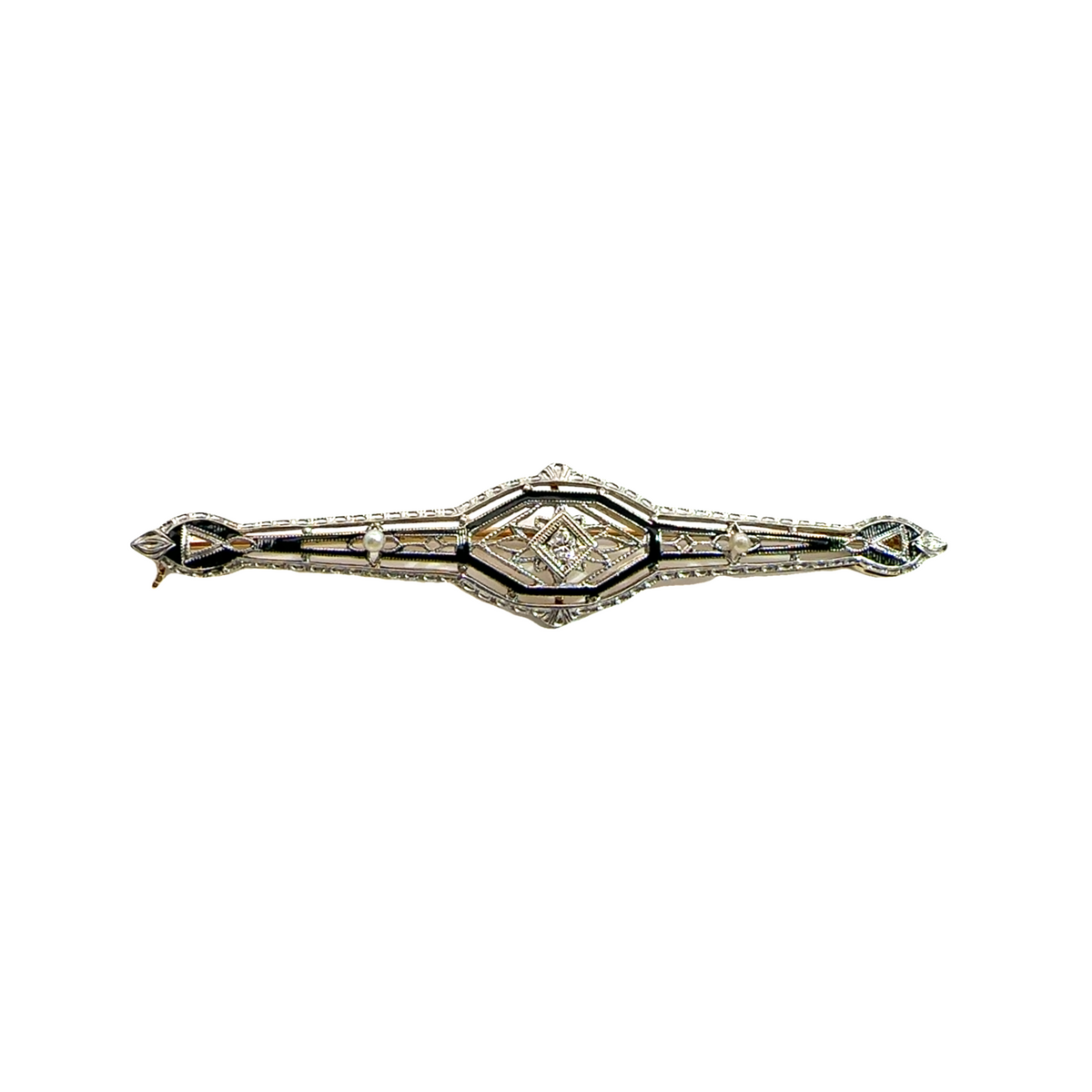 Vintage Black Enamel and 14k Gold Diamond Filigree Brooch