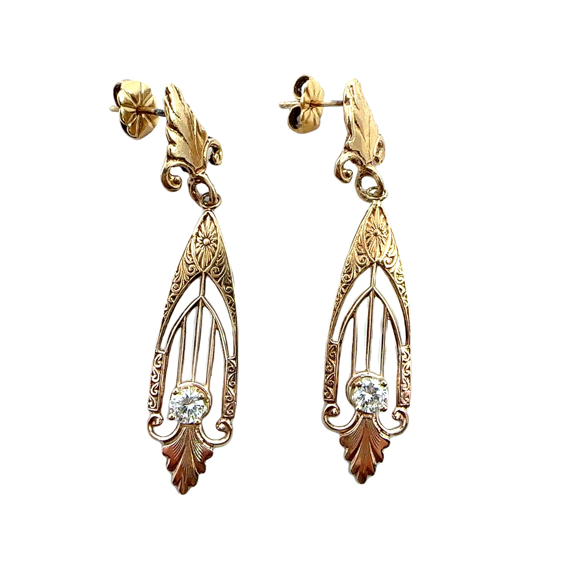 Vintage Diamond and 14k Yellow Gold Dangle Earrings