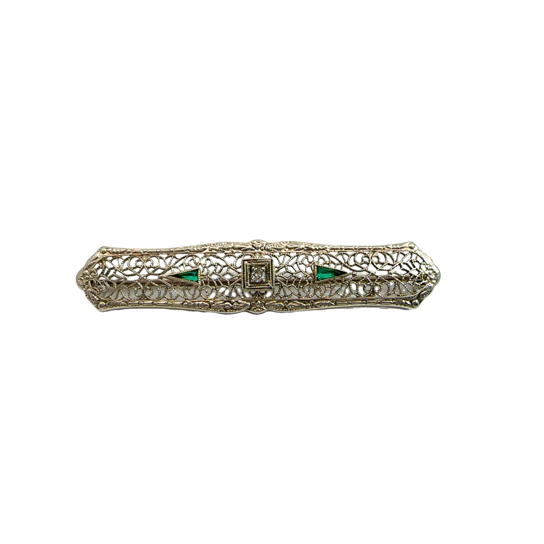 Vintage 14k White Gold Diamond and Emerald Filigree Brooch