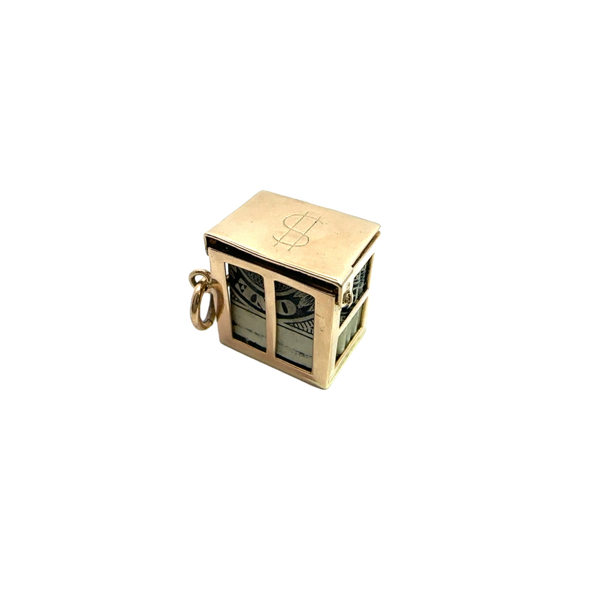 Vintage 14k Yellow Gold Money Box Charm with Dollar Bill