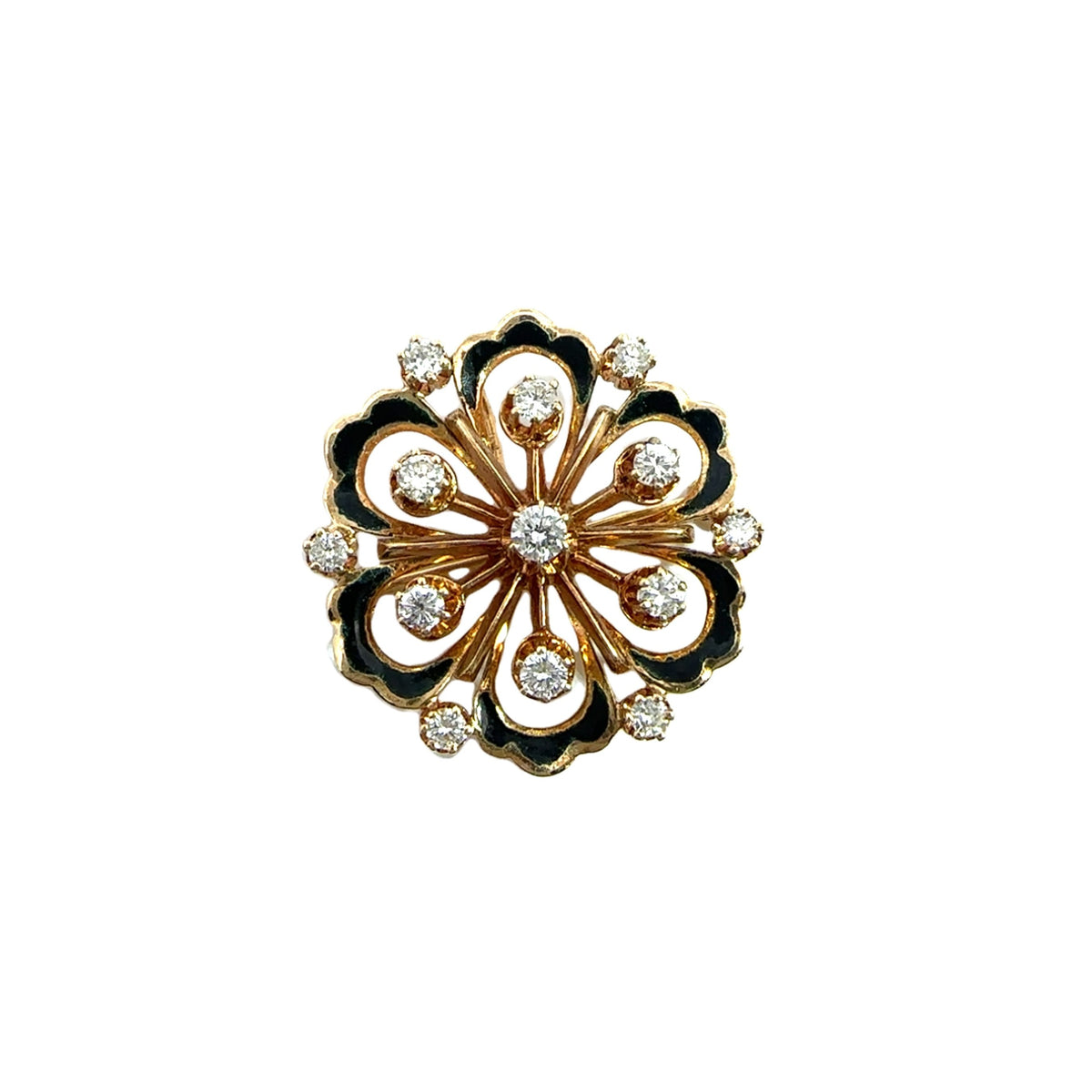 Vintage 14k Yellow Gold and Black Enamel Floral Brooch with Diamonds