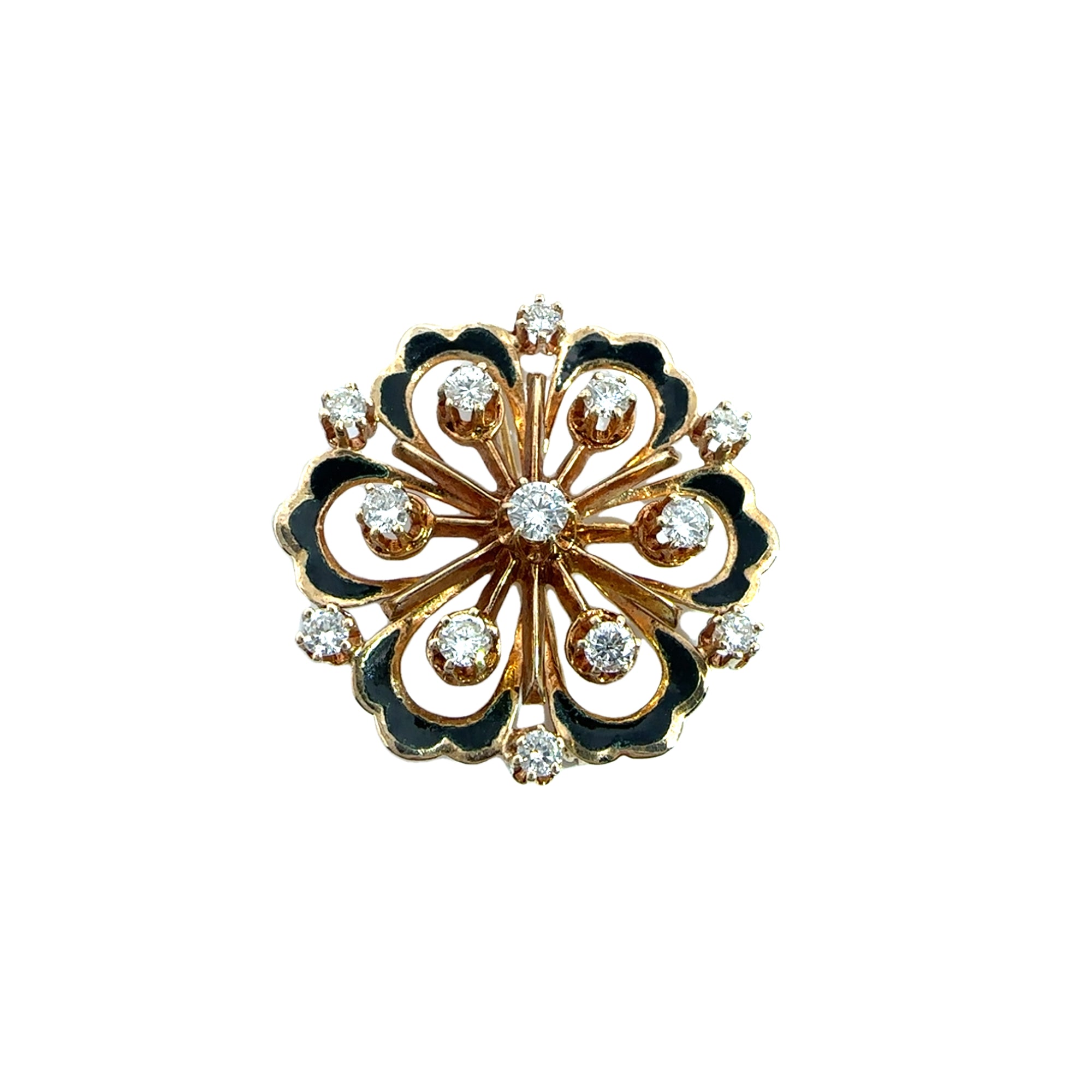 Vintage 14k Yellow Gold and Black Enamel Floral Brooch with Diamonds